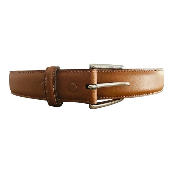 Mens Belt LAND’S END Belt Mid Brown Leather Silver Square Buckle Dress Belt - Picture 2 of 7